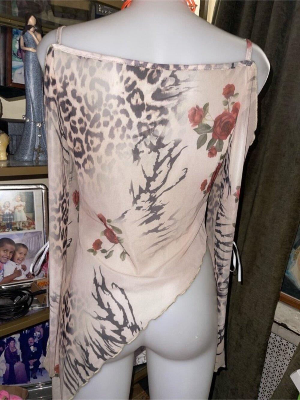 Y2K Floral Cheetah Print sheer Top Cold Shoulder Asymmetrical Lettuce Trim Shirt - Picture 5 of 7